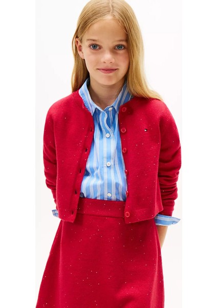 Kız Çocuk Slim Fit Pullu Bisiklet Yaka Hırka - Kırmızı