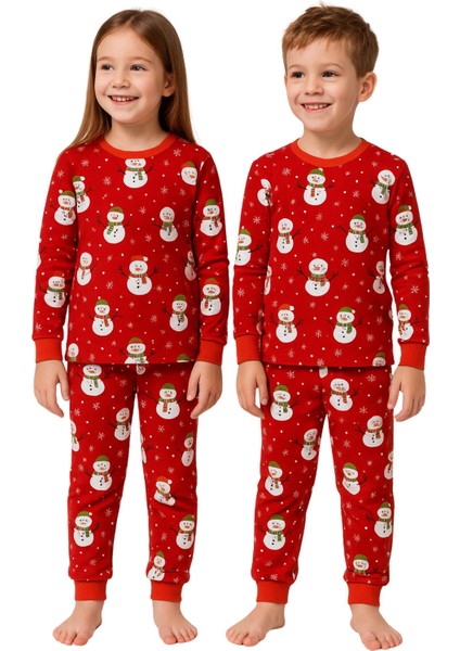 Unisex Yılbaşı Kardan Adam Desenli Çocuk Pijama Takımı