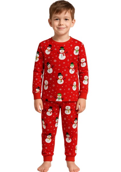 Unisex Yılbaşı Kardan Adam Desenli Çocuk Pijama Takımı modelleri