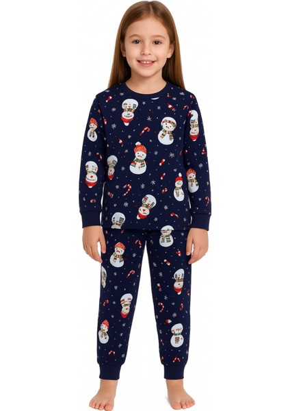 Unisex Yılbaşı Kardan Adam Desenli Çocuk Pijama Takımı