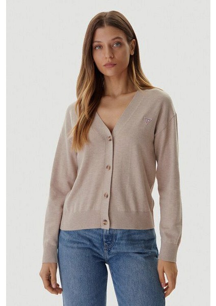 Kadın Regular Fit Ipek ve Yün Karışımlı V Yaka Hırka - Bej