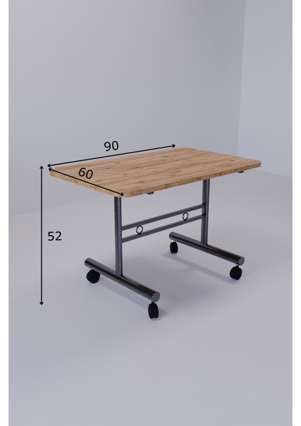 Tekerlekli Orta Sehpa Ahşap Metal Tasarım Çam Traverten Renk Taşınabilir Kullanışlı Dekoratif Modern