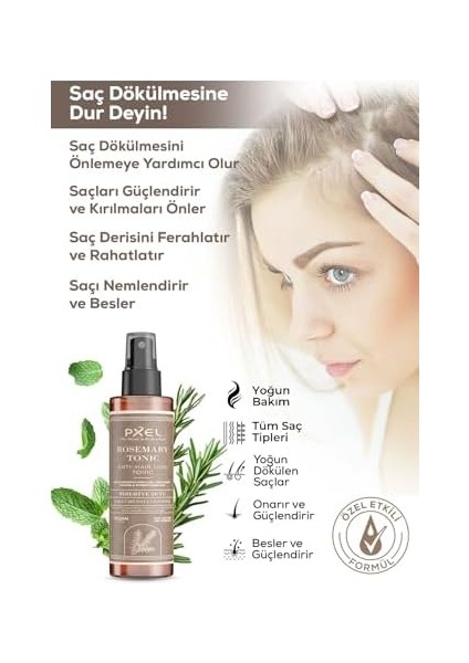 Pxel Anti-Hair Loss Rosemary Tonic 150 ml – Saç Dökülme Görünümünü Azaltmaya ve Saç Köklerini Desteklemeye Yardımcı Biberiye & Kafein Destekli, Vegan, Durulama Gerektirmez modelleri