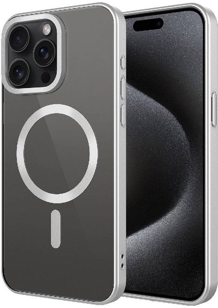 Apple iPhone 15 Pro Kılıf Mat Tasarımlı Magsafe Wireless Şarj Özellikli Mrsa Mat Setro Kapak-Gümüş