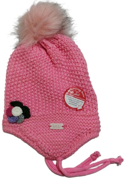 Kız Bebek Çiçek Figürlü Kulak Korumalı Ponponlu Örgü Bere 0-18 Ay