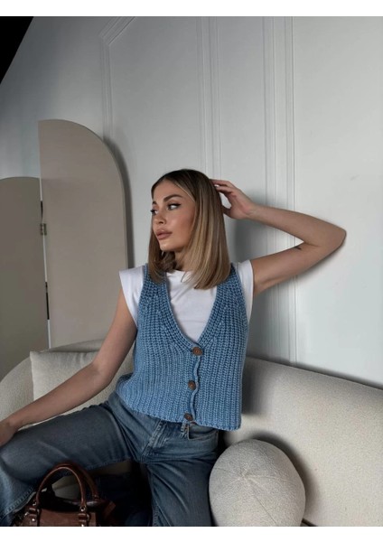 Triko Kolsuz Düğmeli Yelek - Mavi modelleri