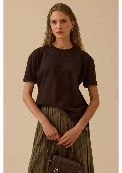 Kadın Kısa Kollu Basic T-Shirt - Kahverengi
