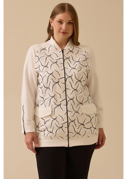 Kadın Büyük Beden Desenli Fermuarlı Kap - Ekru