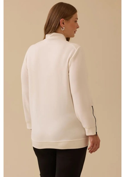 Kadın Büyük Beden Desenli Fermuarlı Kap - Ekru fiyatları