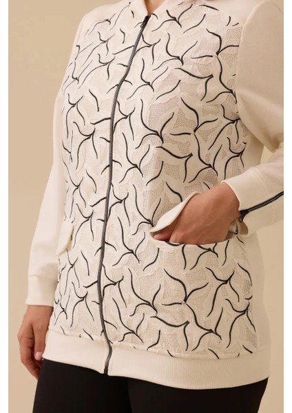 Kadın Büyük Beden Desenli Fermuarlı Kap - Ekru modelleri