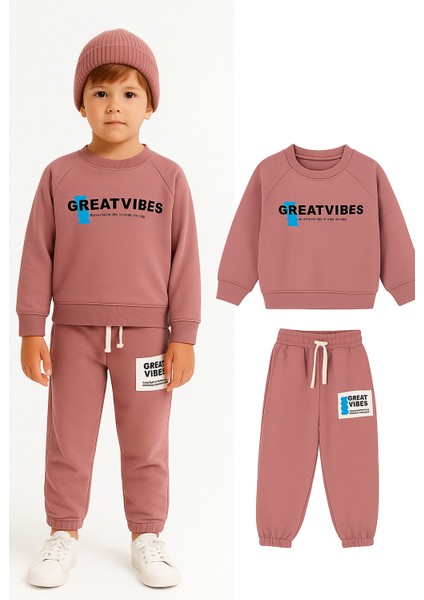 Çocuk Eşofman Takımı 2’li – Gül Kurusu Sweat & Jogger “great Vıbes” Pamuklu (Unisex)