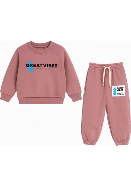 Çocuk Eşofman Takımı 2’li – Gül Kurusu Sweat & Jogger “great Vıbes” Pamuklu (Unisex) modelleri