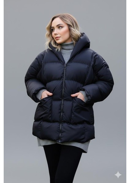 Kadın Siyah Kapüşonlu Şişme Mont – Oversize Kışlık Kalın Mont – Soğuk Geçirmez Şişme Mont