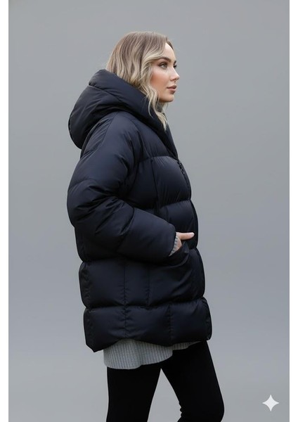 Kadın Siyah Kapüşonlu Şişme Mont – Oversize Kışlık Kalın Mont – Soğuk Geçirmez Şişme Mont fiyatları