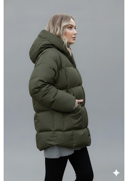 Kadın Haki Kapüşonlu Şişme Mont – Oversize Kışlık Kalın Mont – Soğuk Geçirmez Şişme Mont fiyatları