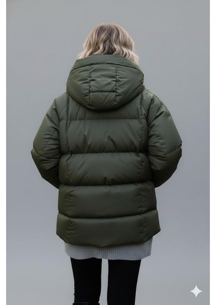 Kadın Haki Kapüşonlu Şişme Mont – Oversize Kışlık Kalın Mont – Soğuk Geçirmez Şişme Mont modelleri