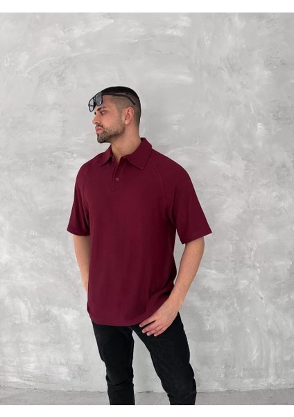 Yakalı Patlı Kısa Kol T-Shirt - Bordo