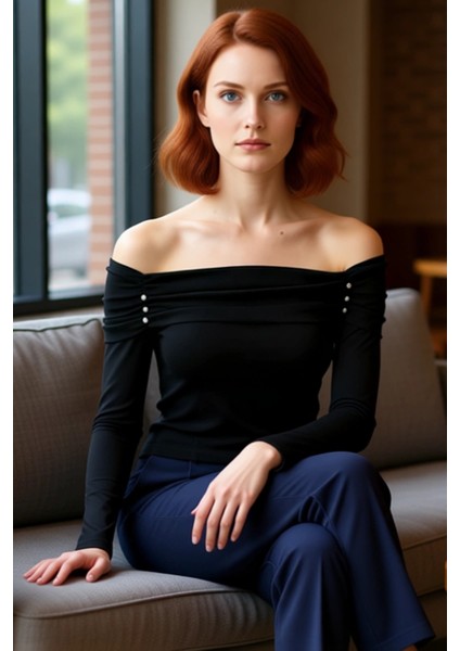 Kadın Carmen Yaka Vücut Hatlarına Oturan Uzun Kollu Örme Üst Kaliteli Şık Rahat Modern Zarif