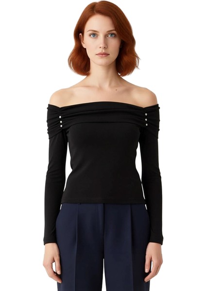 Kadın Carmen Yaka Vücut Hatlarına Oturan Uzun Kollu Örme Üst Kaliteli Şık Rahat Modern Zarif fiyatları