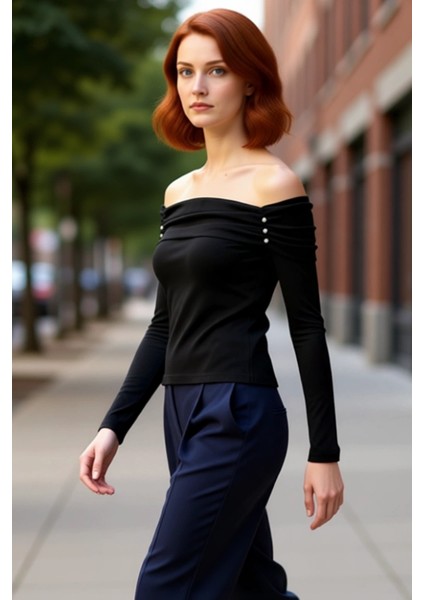 Kadın Carmen Yaka Vücut Hatlarına Oturan Uzun Kollu Örme Üst Kaliteli Şık Rahat Modern Zarif fırsatları