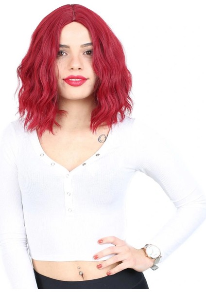 Fiber Sentetik Kısa Dalgalı Perçemsiz Peruk - Kızıl