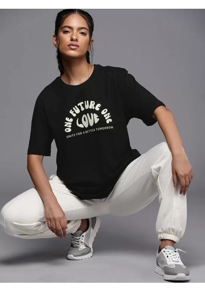 Kadın Baskılı Oversize T-Shirt - Siyah modelleri