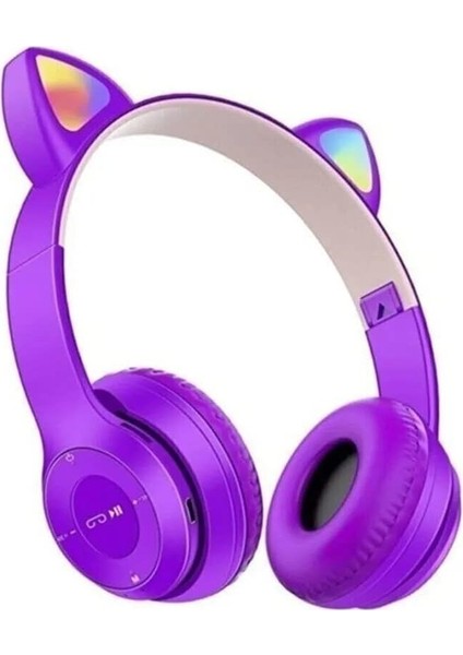 Teknosepetim P47M Kedili Katlanabilir Kulak Üstü Kablosuz Bluetooth 5.0 Kulaklık Ledli Çocuk Kulaklık Mor