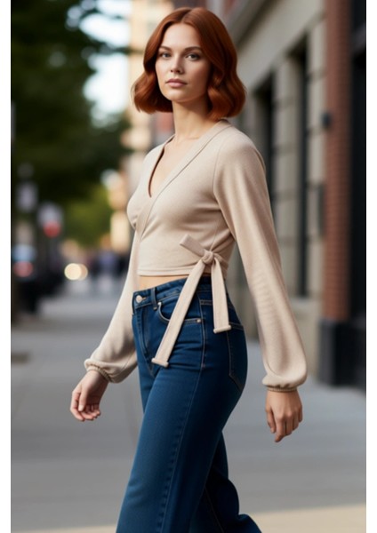 Stil Kadın Yumoş Bağlama Detaylı Kollu Bluz Regular Örme Slim Kalıp Ispanyol Kol modelleri