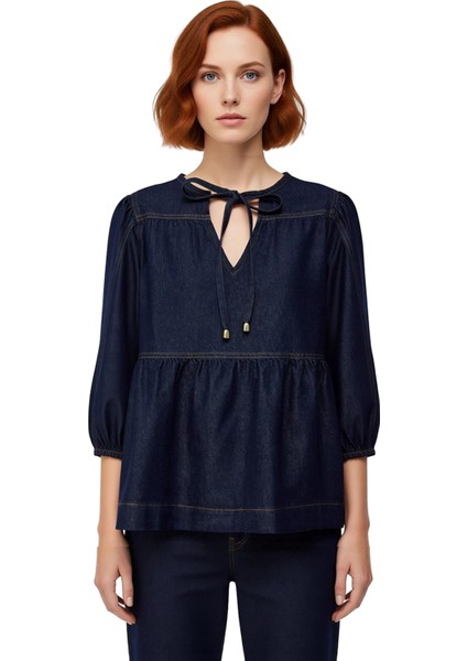 Kadın Denim Bluz Truvakar Kol ve Bağlama Detaylı Bisiklet Yaka Kaliteli Şık Rahat Modern Zarif