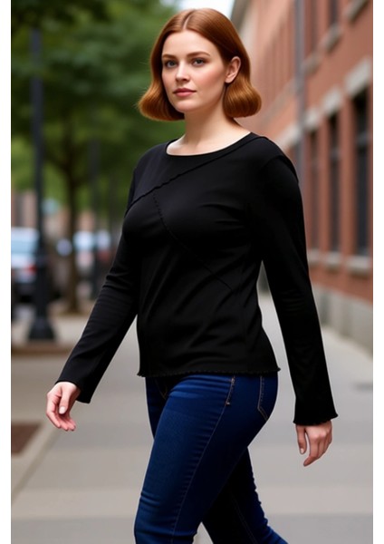 Kadın Bisiklet Yaka Nervür Detaylı Ispanyol Kol Viskon Ribana Büyük Beden Bluz Kaliteli Şık