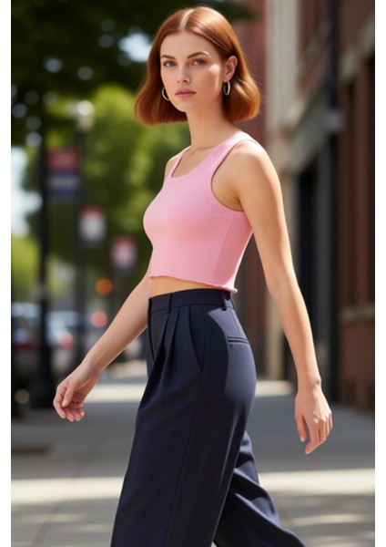 Kadın Kare Yaka Kolsuz Triko Crop Kaliteli Şık Rahat Modern Zarif Günlük