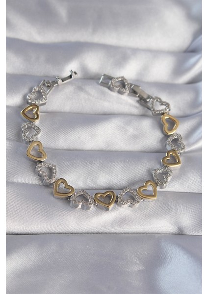 Vip Seri Pirinç Çift Renkli Zirkon Taşlı İçi Boş Kalp Tasarımlı Bileklik
