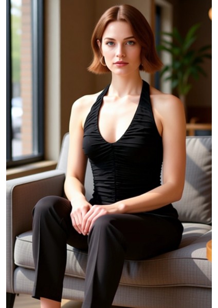 Kadınlar Için Halter Boyunlu Büzgülü V Yaka Üst Kaliteli Şık Rahat Modern Zarif Günlük