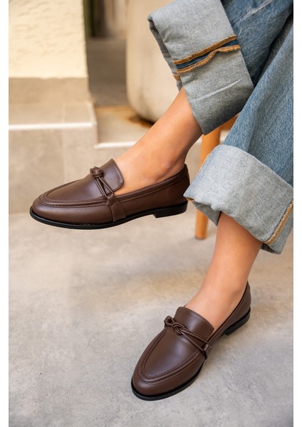 Onapy Acı Kahve Deri Düz Taban Düğüm Detaylı Ayakkabı modelleri