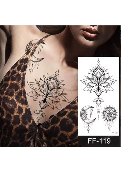 Lotus Çiçeği ve Ay Figürlü Gerçek Görünümlü Geçici Dövme