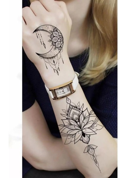 Lotus Çiçeği ve Ay Figürlü Gerçek Görünümlü Geçici Dövme fiyatları