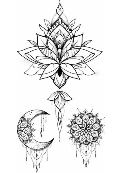 Lotus Çiçeği ve Ay Figürlü Gerçek Görünümlü Geçici Dövme