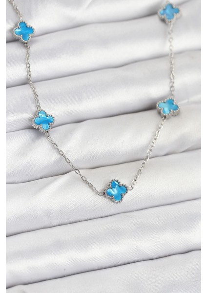 316L Çelik Zincir Gümüş Renk Buz Mavisi Baby Boy Yonca Kadın Kolye