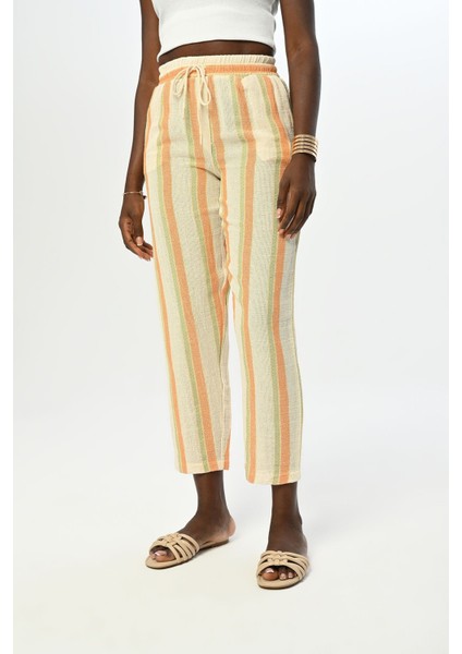 Kadın Rahat Kalıp Beli Lastikli Çizgili Pamuk Pantolon