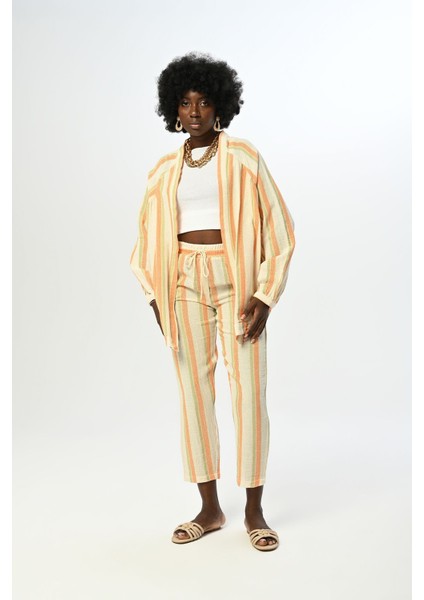 Kadın Rahat Kalıp Beli Lastikli Çizgili Pamuk Pantolon fiyatları