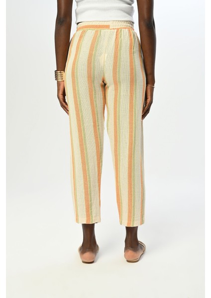 Kadın Rahat Kalıp Beli Lastikli Çizgili Pamuk Pantolon modelleri