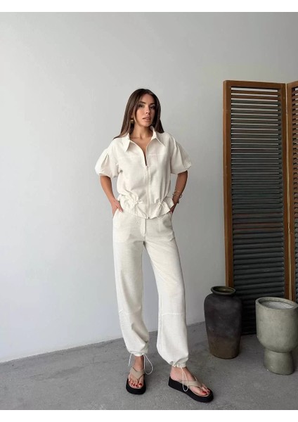 Keten Tam Fermuarlı Kısa Kollu Gömlek Pantolon Ikili Takım - Beyaz