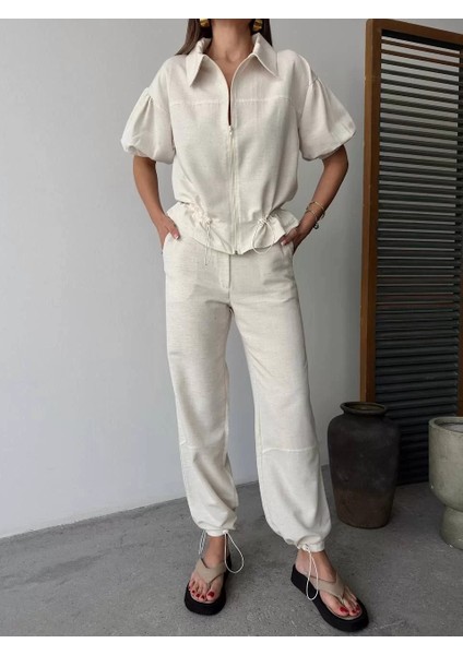 Keten Tam Fermuarlı Kısa Kollu Gömlek Pantolon Ikili Takım - Beyaz fırsatları