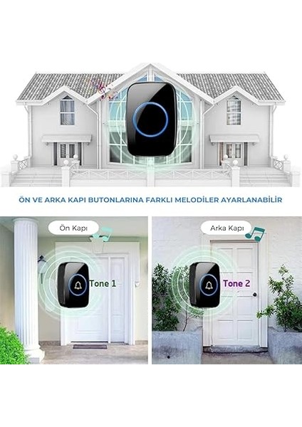 Kablosuz Kapı Zili 2 Buton 1 Alıcı LED Işıklı 300 Metre Mesafe 60 Melodi Ev Ofis Depo fırsatları