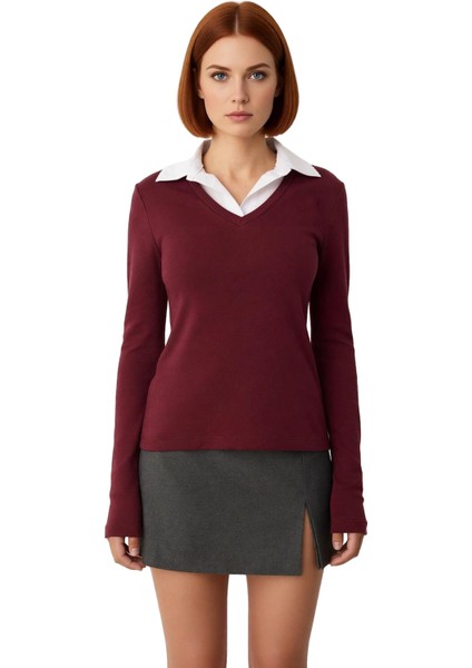 Kadın Polo Yaka Renk Bloklu Uzun Kollu Basic Siluet Smart Persona 100% Pamuk Kışlık Triko Üst modelleri