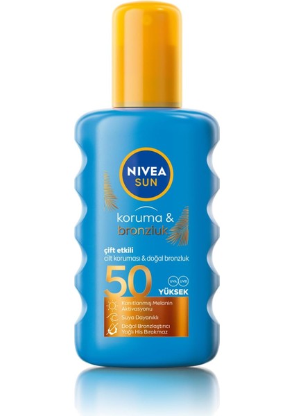 Nıvea Sun SPF50 Çift Etkili Yüksek Koruyucu Bronzluk Vücut Güneş Spreyi 200ML, Doğal Bronzluk, Uva Koruma