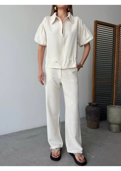 Keten Tam Fermuarlı Kısa Kollu Gömlek Pantolon Ikili Takım - Beyaz indirimleri
