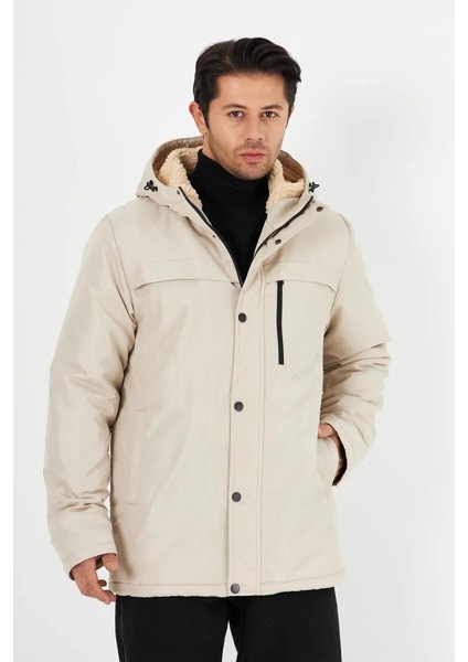 İçi Kürklü Su ve Rüzgar Geçirmez Cepli Kapüşonlu Erkek Mont