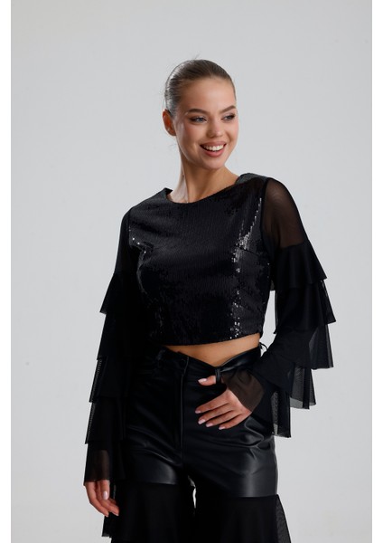 Payetli Tül Kol Crop Bluz | BUST36090