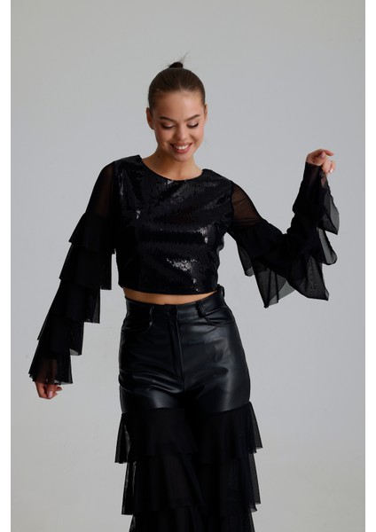 Payetli Tül Kol Crop Bluz | BUST36090 fiyatları